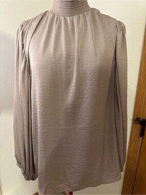 CeCe Taupe High-Neck Bishop Sleeve Blouse